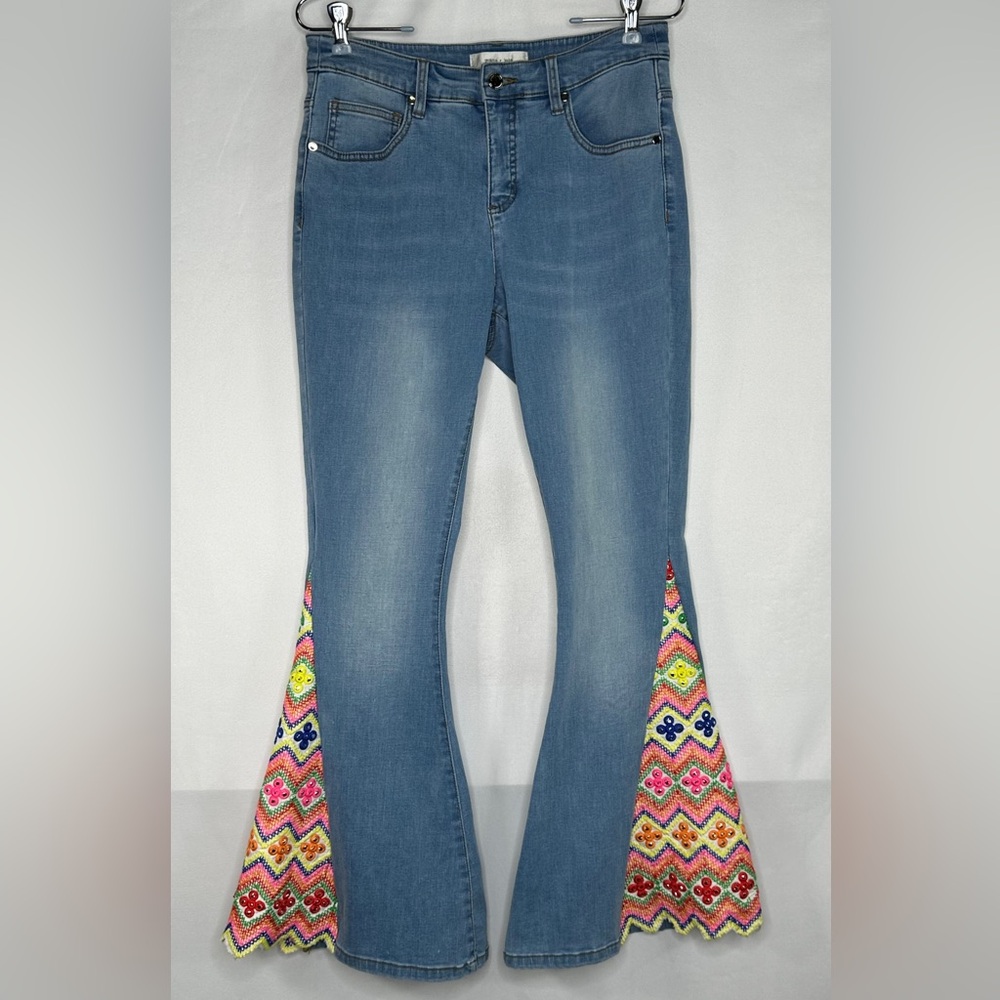Gemma &‎ Jane Bell Bohemian Jeans Flare Embroidered Zig Zag Hem Hippie Sz 6